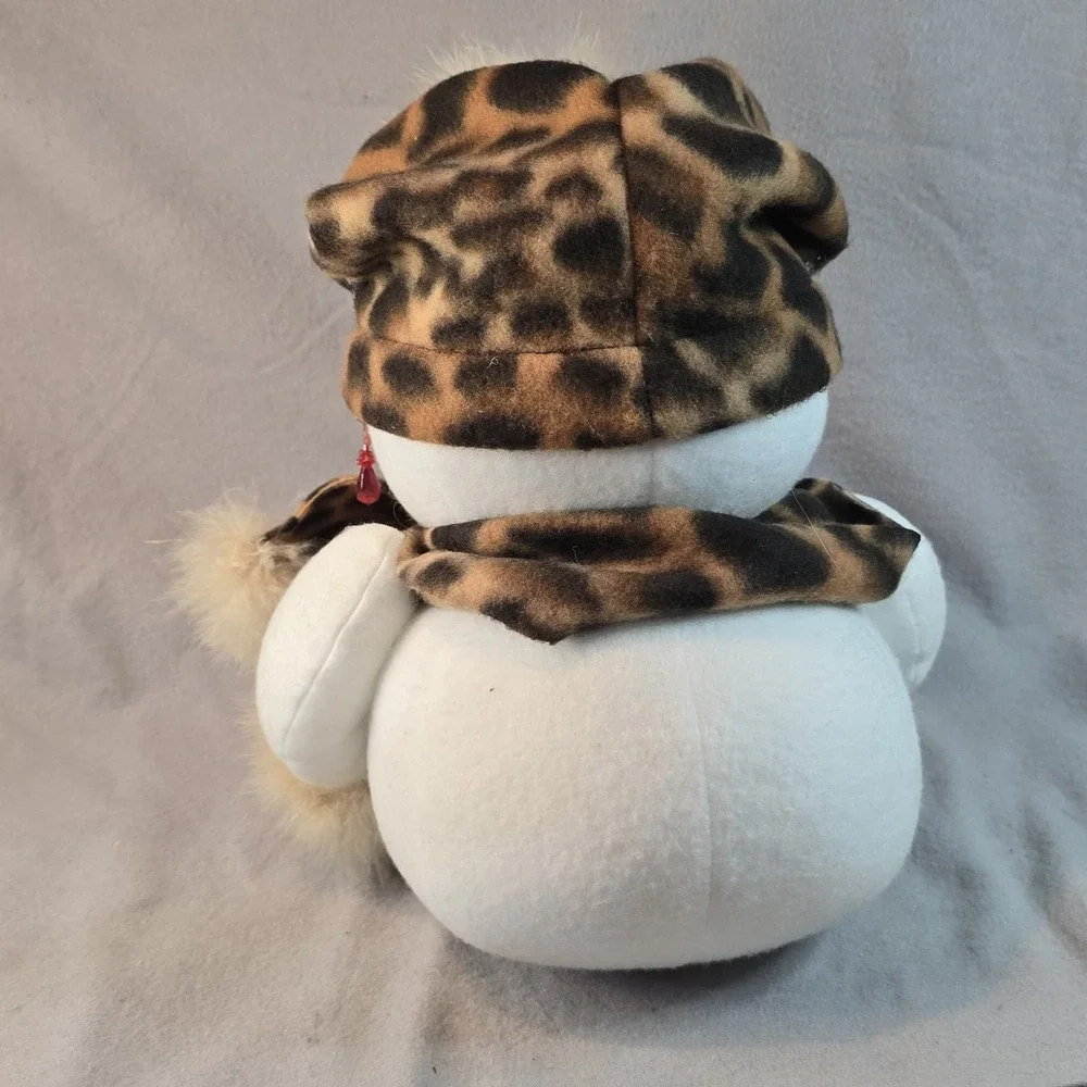 2 Snowman Couple Plushies W/ Leopard Print Scarf Hat Gloves Christmas Winter
